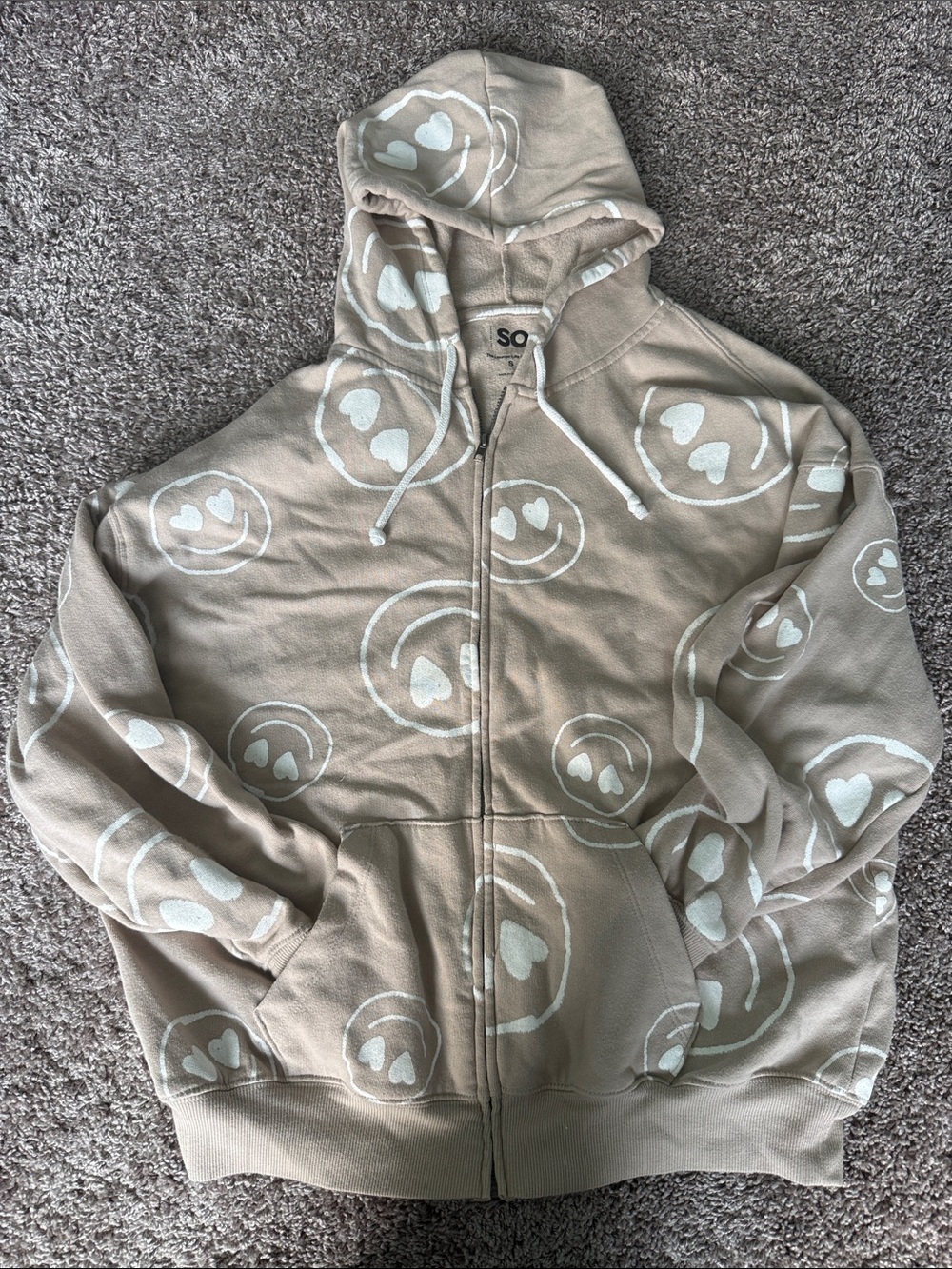 SO Beige Zip Hoodie with White Heart Smile Patterns
